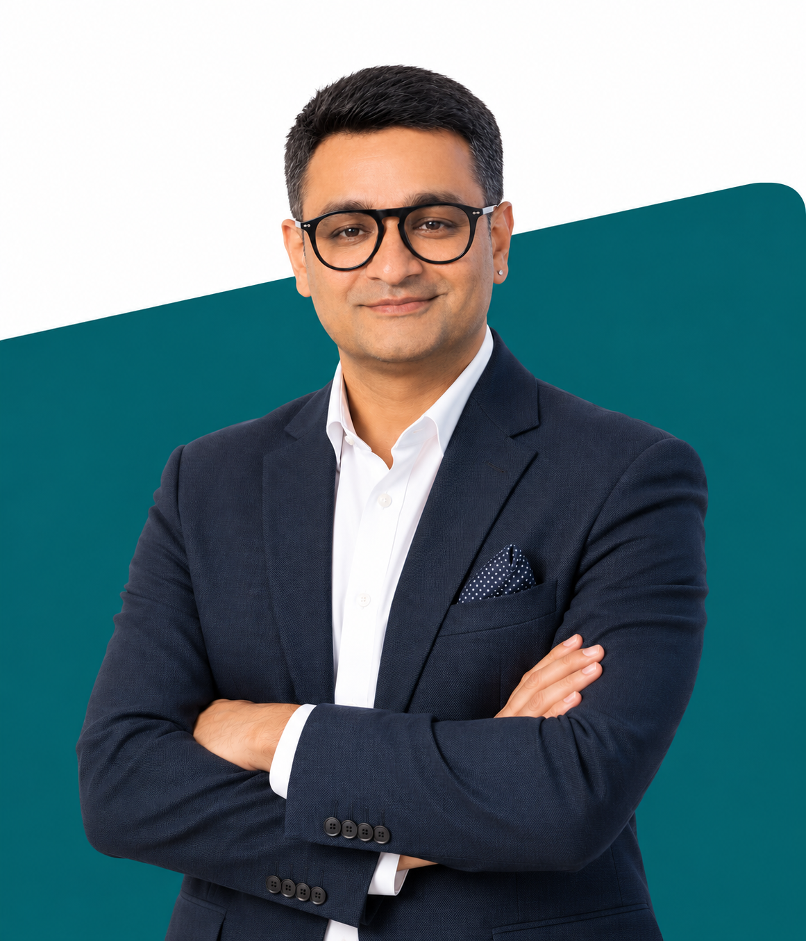 confident executive against teal geometry
